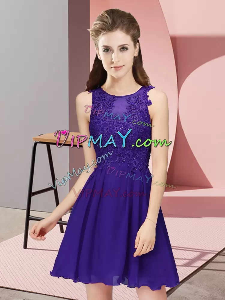 Purple Empire Chiffon Scoop Sleeveless Appliques Mini Length Zipper Bridesmaid Dress