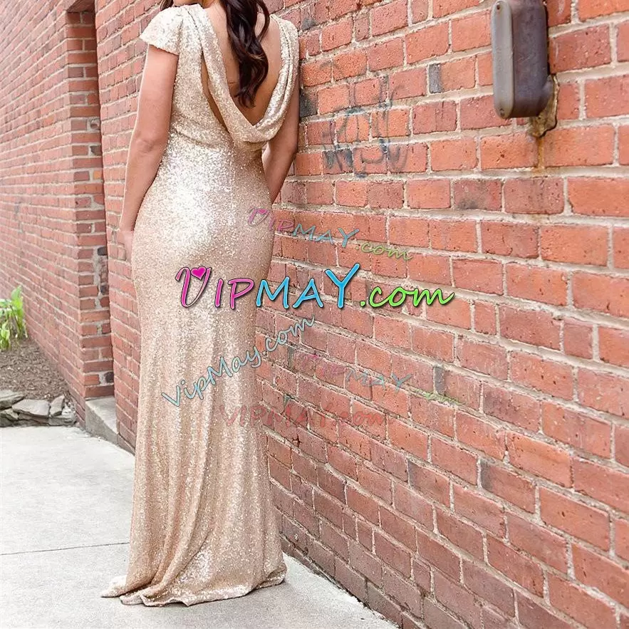 Top Selling Champagne Short Sleeves Sequined Backless Wedding Guest Dresses for Party and Wedding Party