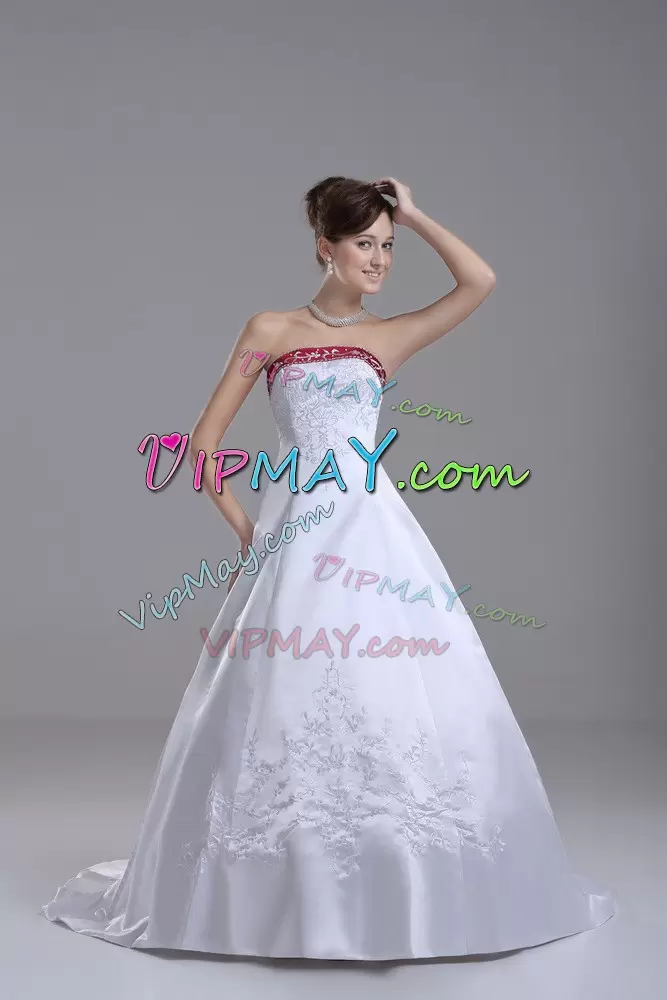 Fantastic Strapless Sleeveless Satin Wedding Gowns Beading and Embroidery Brush Train Lace Up