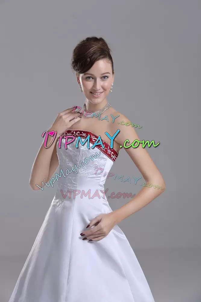 Fantastic Strapless Sleeveless Satin Wedding Gowns Beading and Embroidery Brush Train Lace Up