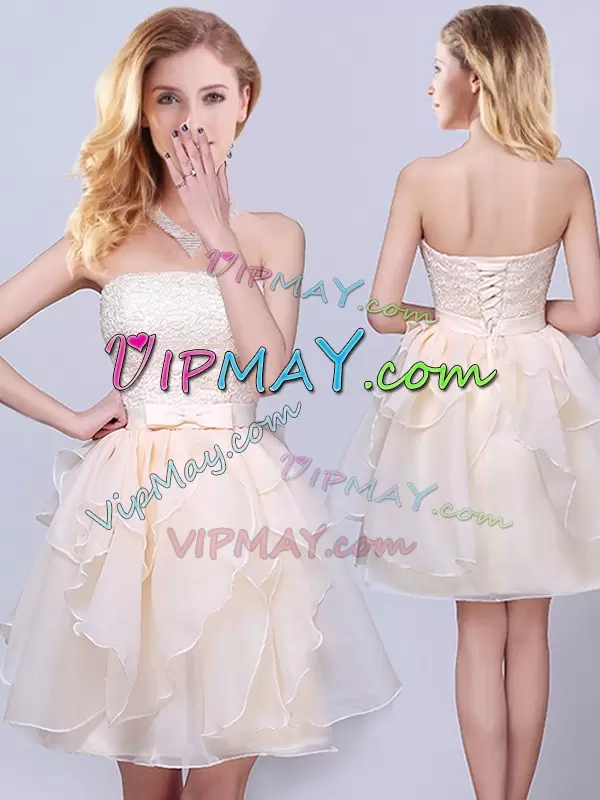 Sweet Champagne A-line Strapless Sleeveless Organza Mini Length Lace Up Lace and Ruffles and Belt Vestidos de Damas