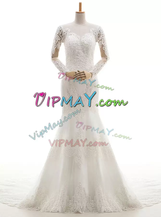 Brush Train Mermaid Wedding Gown White V-neck Lace Long Sleeves With Train Clasp Handle