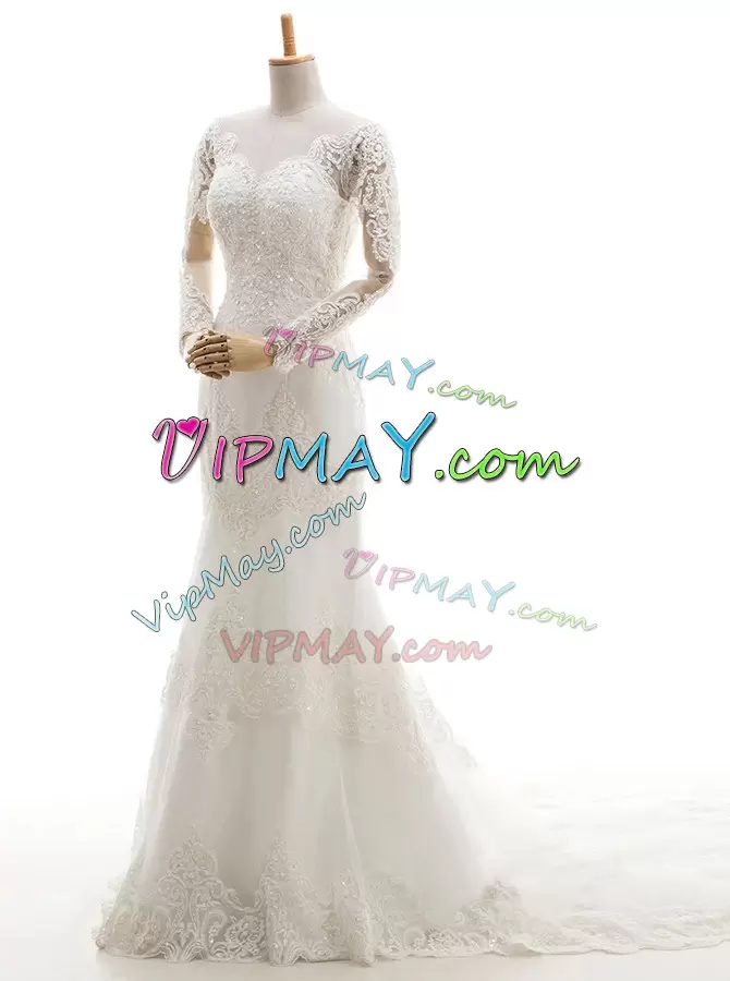 Brush Train Mermaid Wedding Gown White V-neck Lace Long Sleeves With Train Clasp Handle