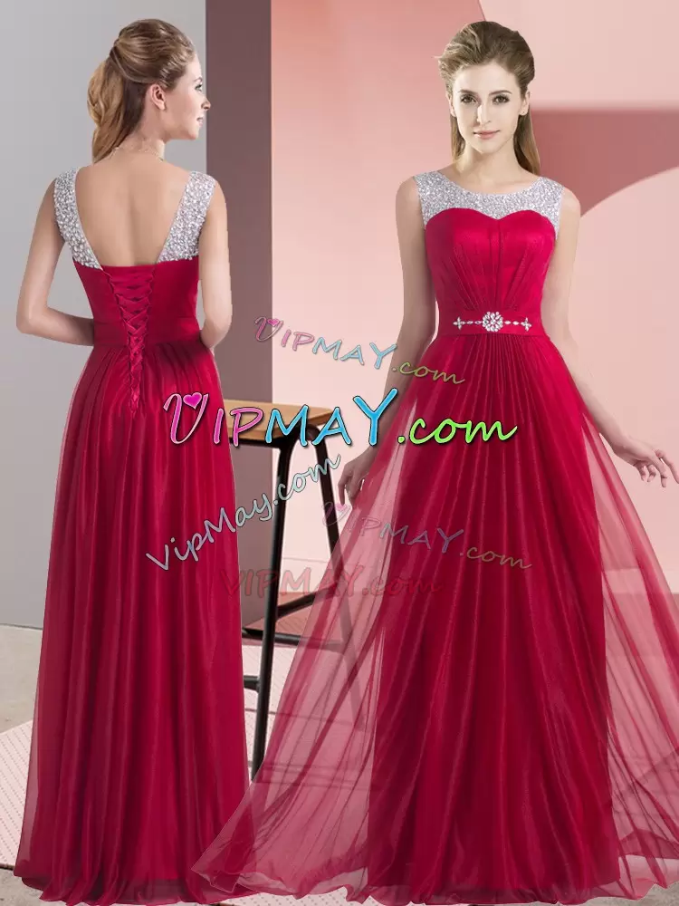 Nice Wine Red Lace Up Bridesmaids Dress Beading and Belt Sleeveless Floor Length