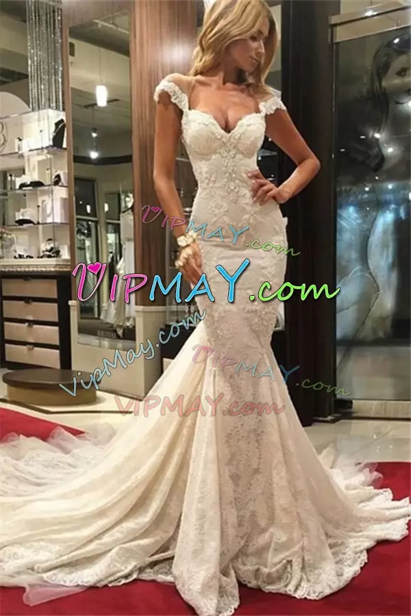 Straps Sleeveless Wedding Gown With Train Court Train Lace White