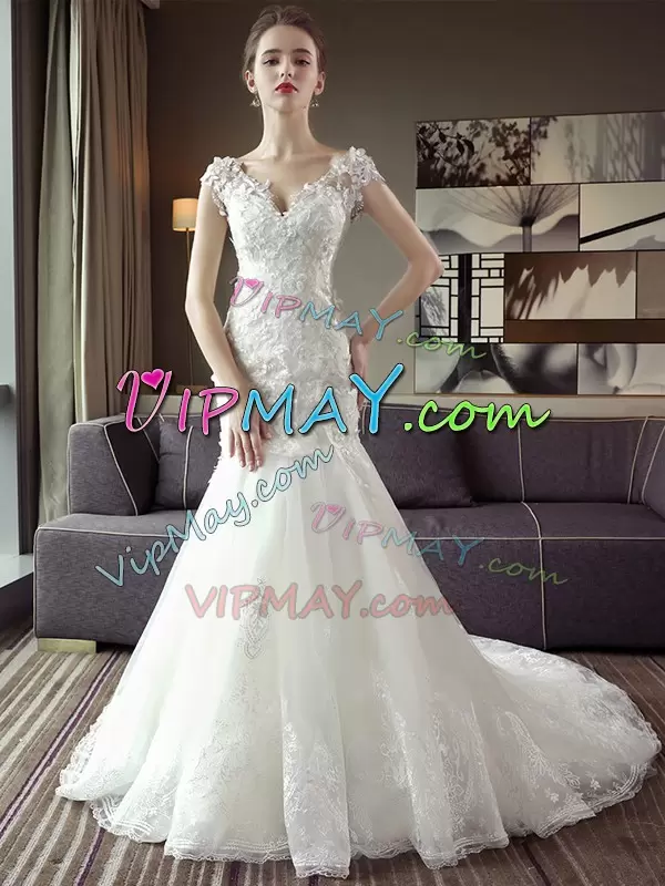 Artistic V-neck Cap Sleeves Court Train Lace Up Wedding Dress White Tulle Lace