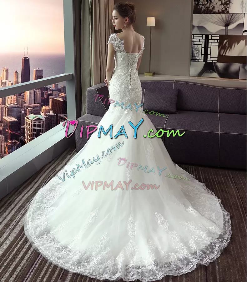 Artistic V-neck Cap Sleeves Court Train Lace Up Wedding Dress White Tulle Lace