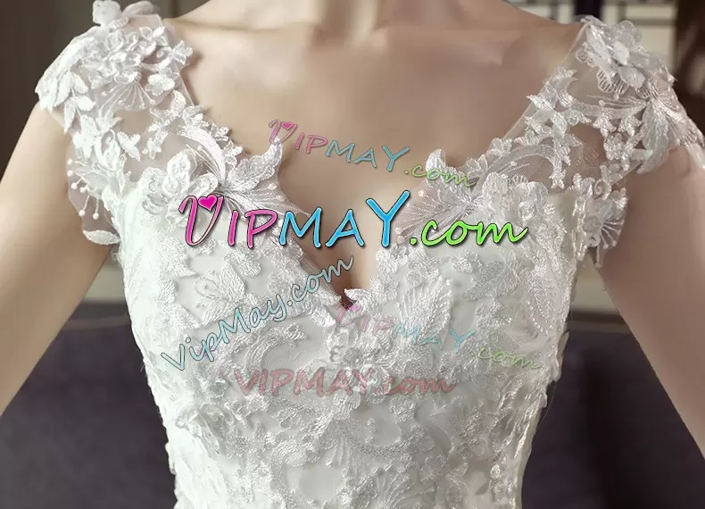 Artistic V-neck Cap Sleeves Court Train Lace Up Wedding Dress White Tulle Lace