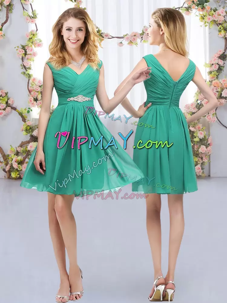 Affordable Chiffon V-neck Sleeveless Zipper Belt Bridesmaid Dresses in Turquoise