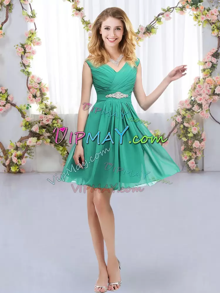 Affordable Chiffon V-neck Sleeveless Zipper Belt Bridesmaid Dresses in Turquoise