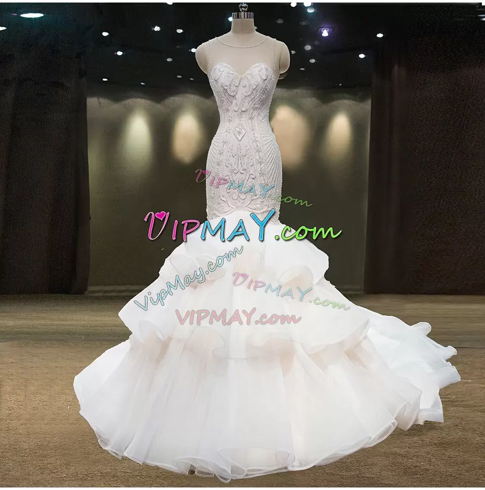 White Organza Lace Up Wedding Dresses Sleeveless Court Train Beading