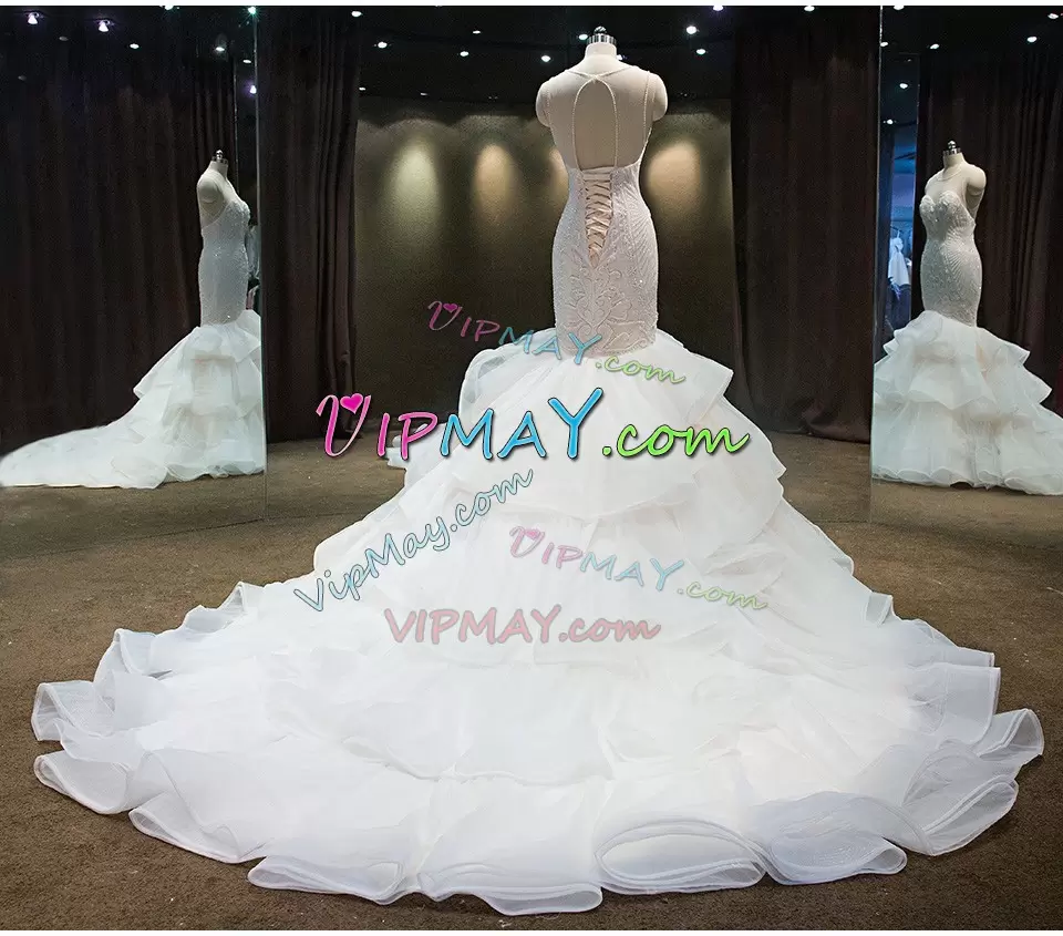 White Organza Lace Up Wedding Dresses Sleeveless Court Train Beading