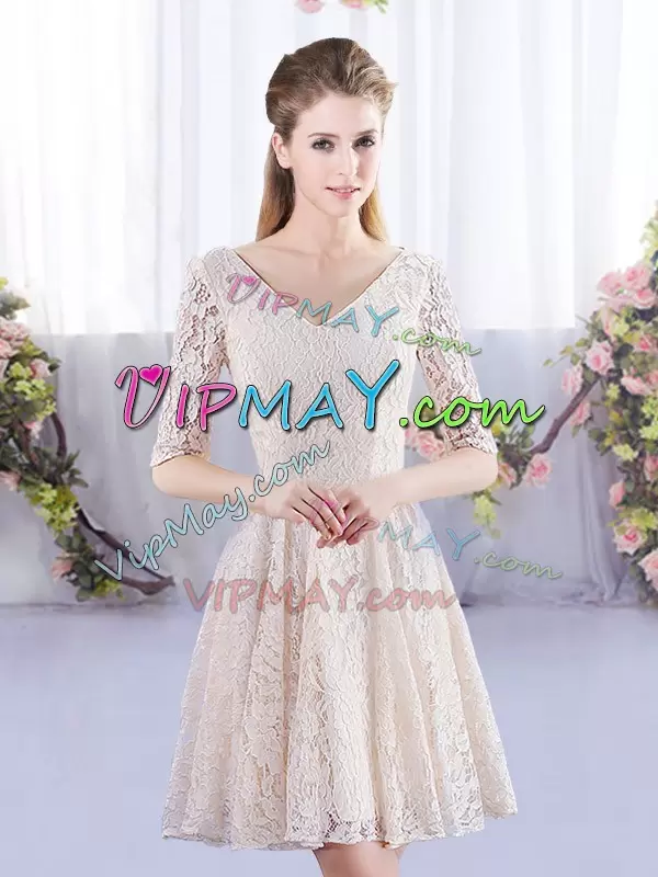 Flare V-neck Half Sleeves Lace Up Bridesmaid Dress Champagne Lace