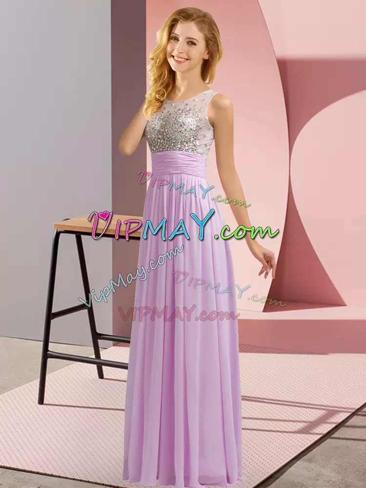 Lavender Sleeveless Floor Length Beading Side Zipper Quinceanera Court of Honor Dress Scoop