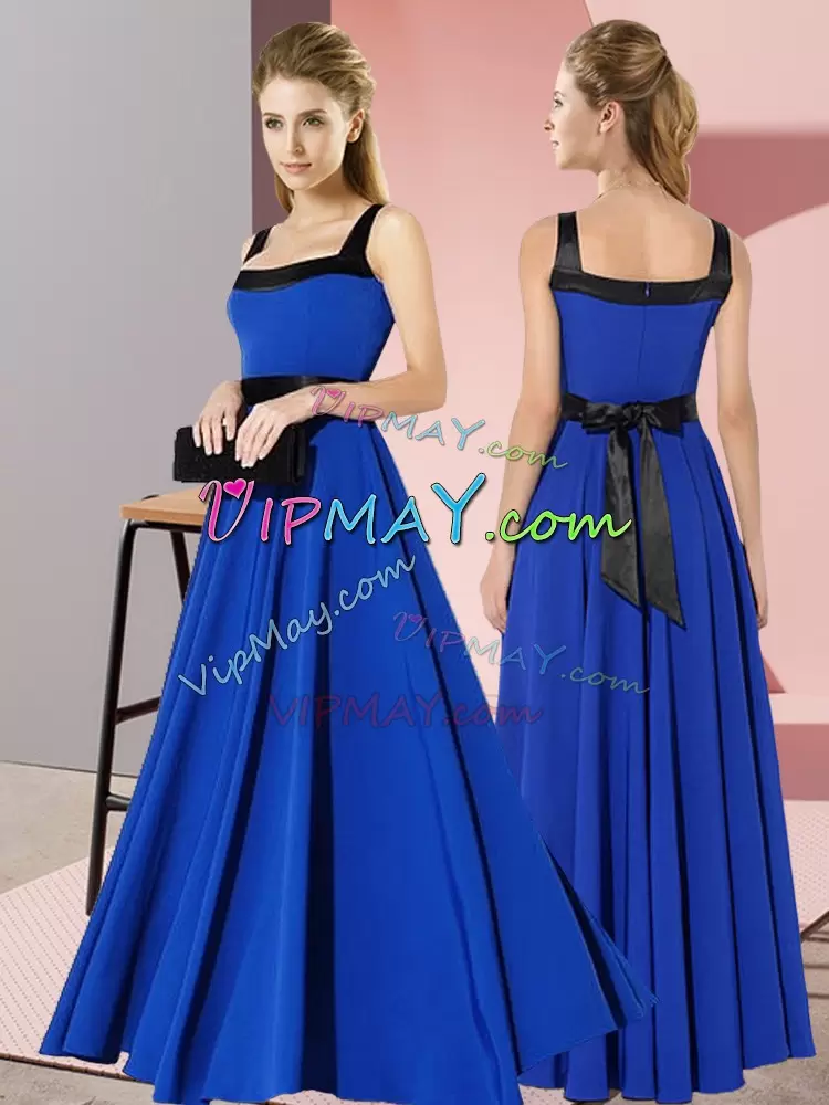 Floor Length Royal Blue Wedding Party Dress Chiffon Sleeveless Belt