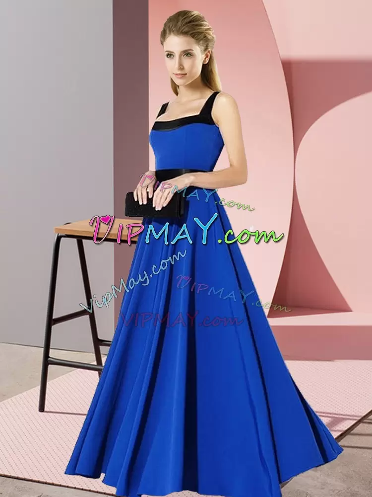 Floor Length Royal Blue Wedding Party Dress Chiffon Sleeveless Belt