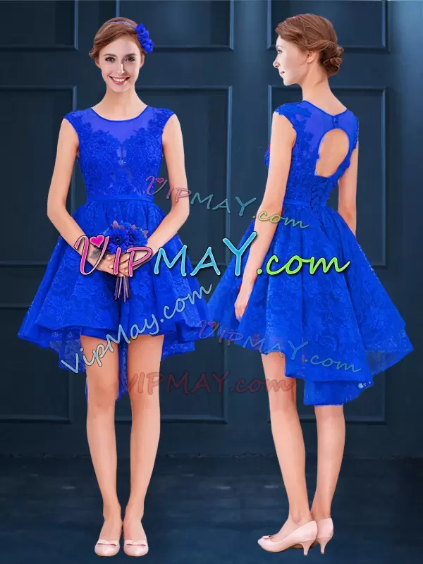 Traditional Sleeveless Satin and Lace High Low Lace Up Bridesmaids Dress in Royal Blue with Lace and Belt