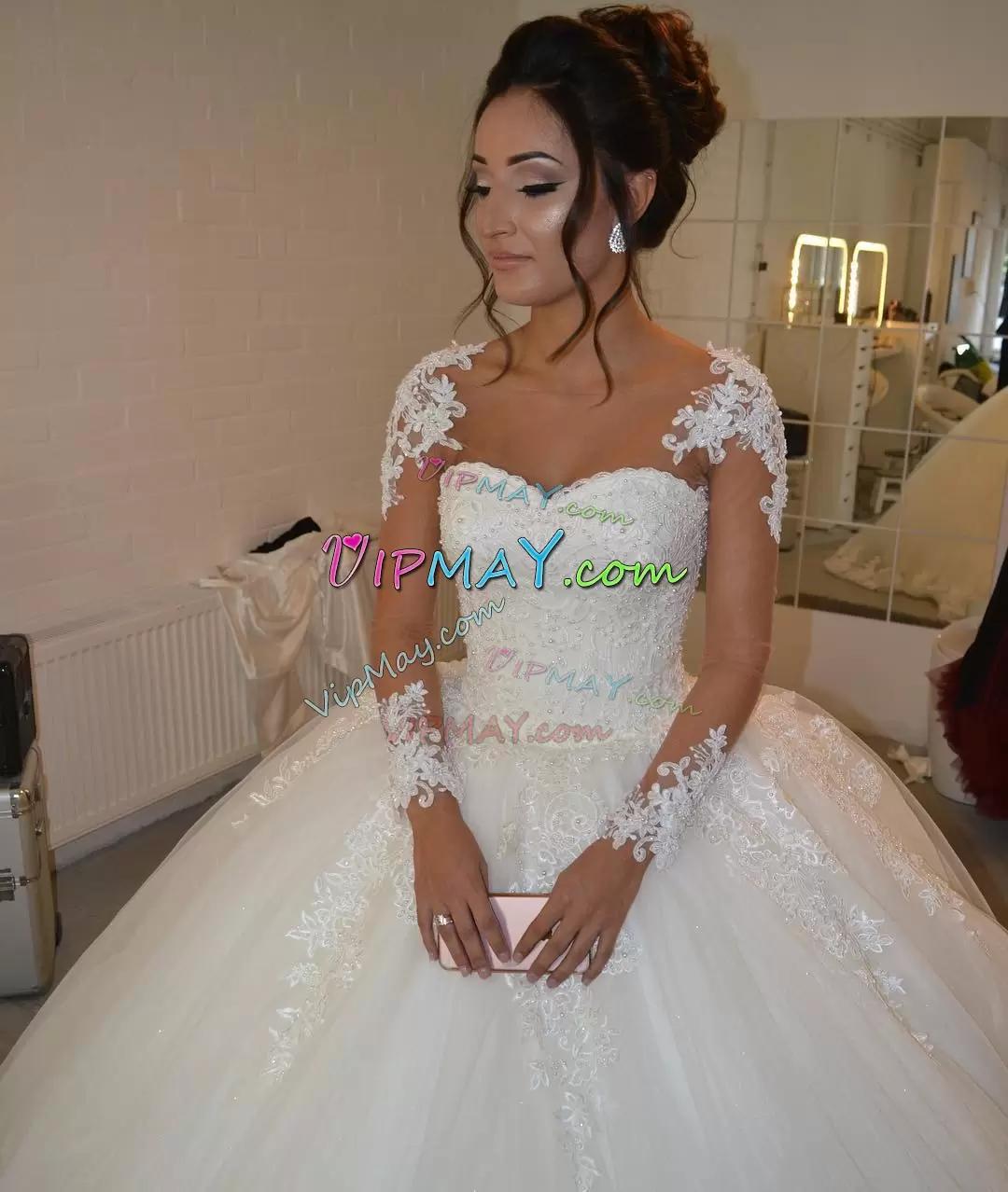 High Quality Ball Gowns Wedding Dress White Sweetheart Tulle Long Sleeves Floor Length