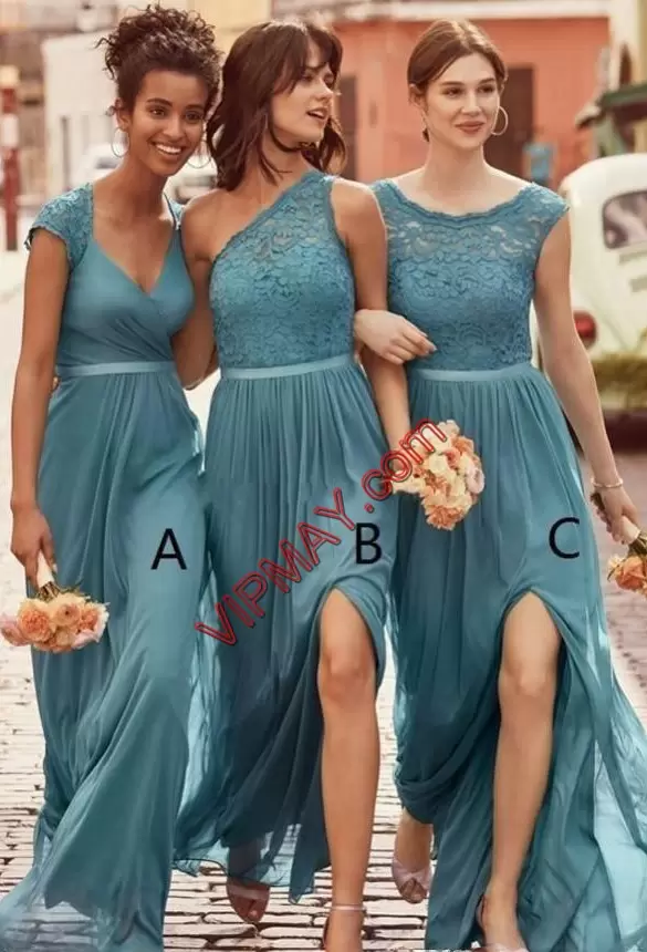 Floor Length Teal Bridesmaid Dress Chiffon Cap Sleeves Lace