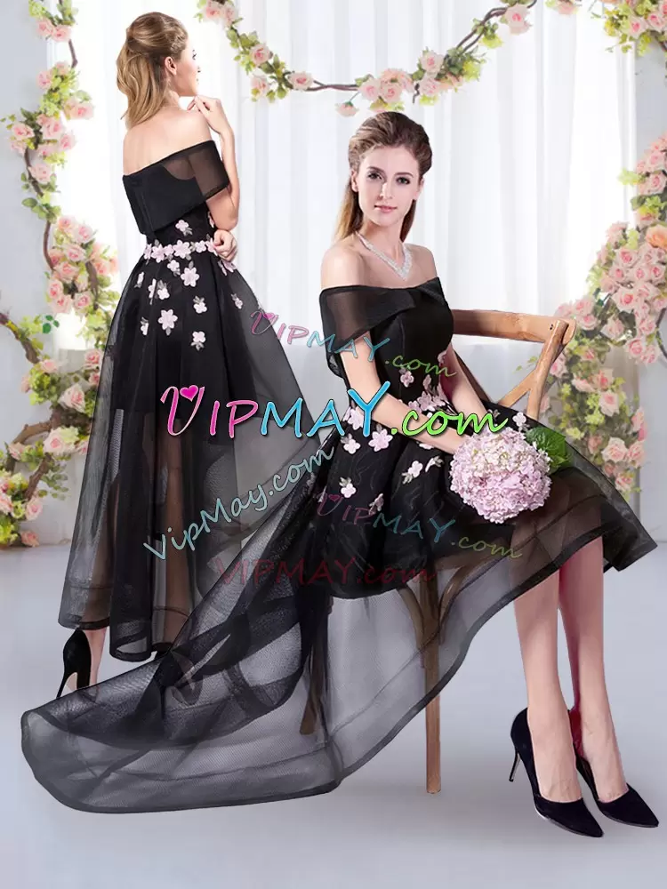 Great High Low A-line Short Sleeves Black Bridesmaid Dress