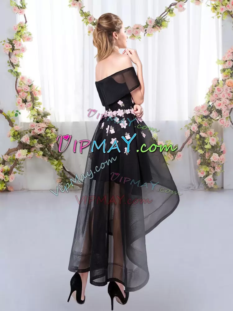 Great High Low A-line Short Sleeves Black Bridesmaid Dress