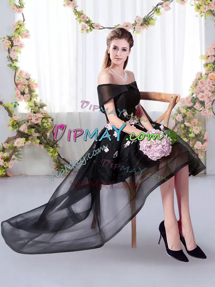 Great High Low A-line Short Sleeves Black Bridesmaid Dress