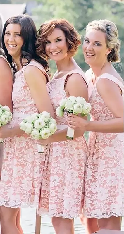 Pink Scoop Neckline Lace Bridesmaid Dresses Sleeveless