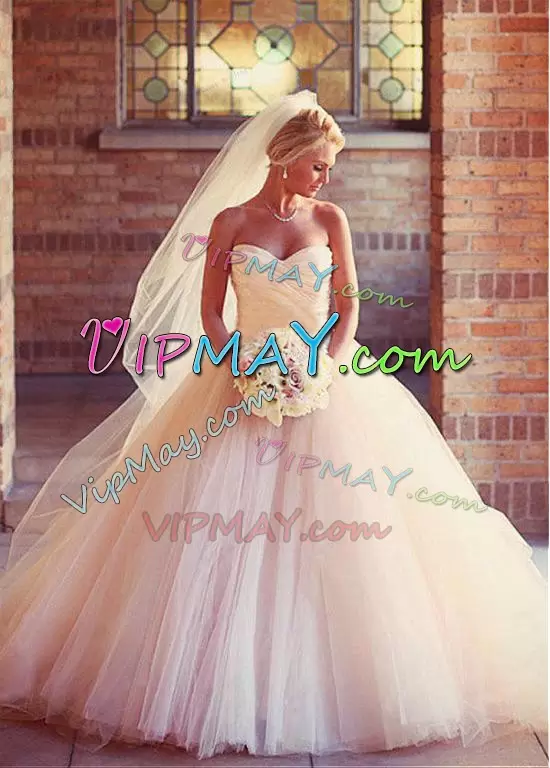 Baby Pink Ball Gowns Ruching Wedding Dress Lace Up Tulle Sleeveless