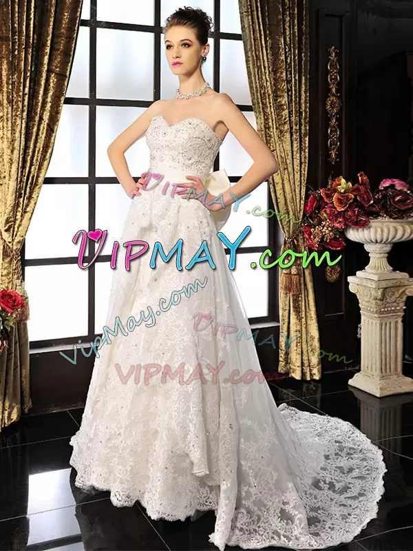 White Wedding Gown Wedding Party with Beading and Lace and Bowknot Sweetheart Sleeveless Brush Train Lace Up