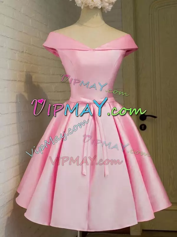 Pink Lace Up Bridesmaids Dress Belt Cap Sleeves Knee Length