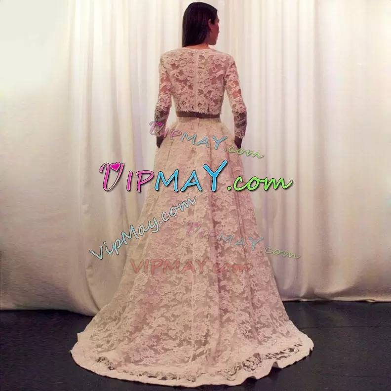 White Scoop Lace Wedding Gowns Brush Train 3 4 Length Sleeve