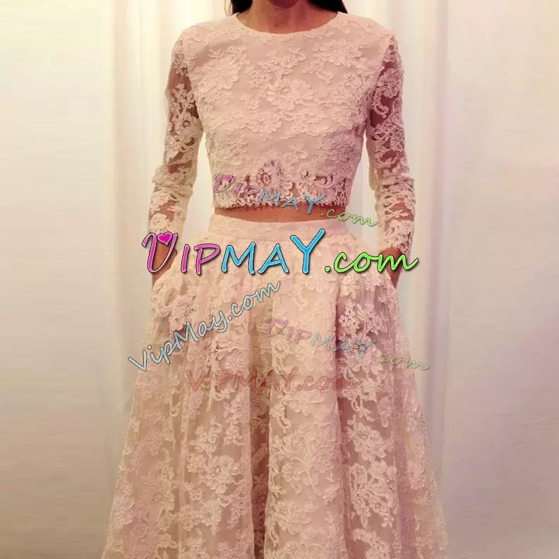 White Scoop Lace Wedding Gowns Brush Train 3 4 Length Sleeve