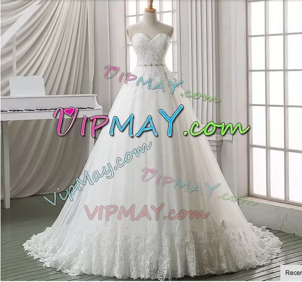 Pretty Sleeveless Floor Length Beading and Lace and Belt Lace Up Wedding Dress with White Sweep Train