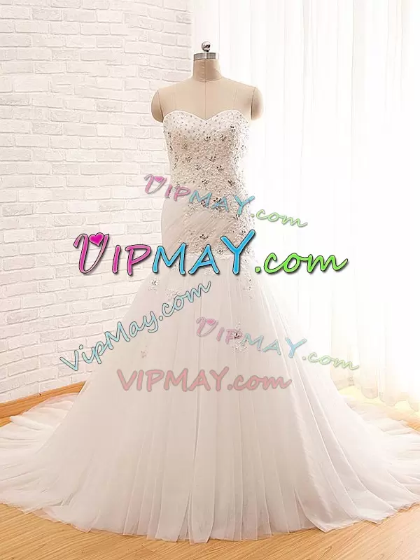 White Tulle Lace Up Wedding Gown Sleeveless Brush Train Beading and Appliques