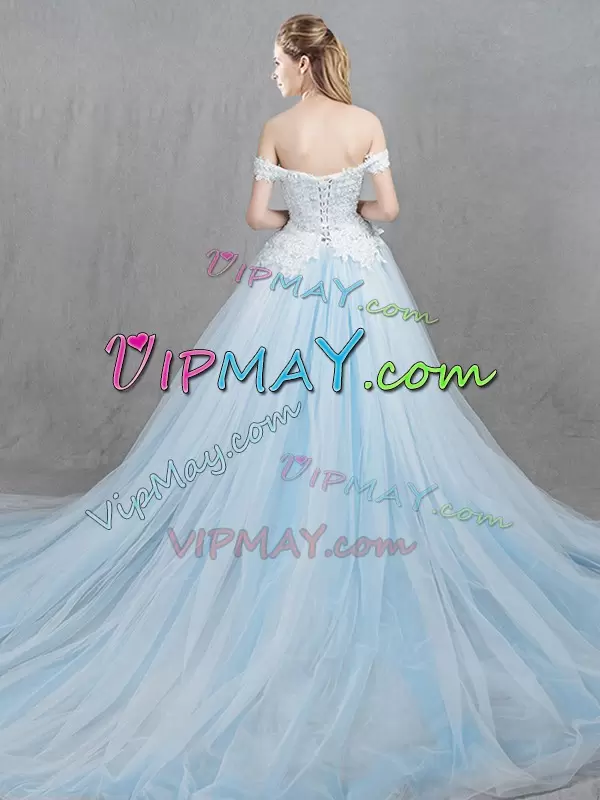 Light Blue Tulle Lace Up Off The Shoulder Sleeveless With Train Wedding Dresses Chapel Train Appliques