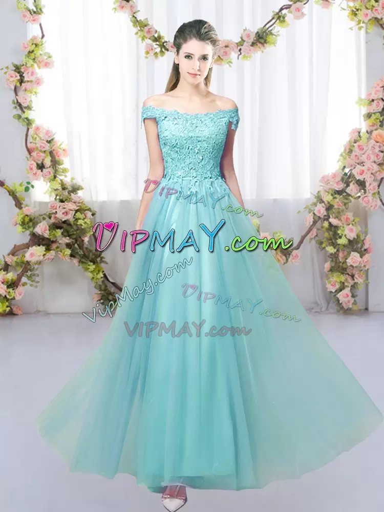 Hot Selling Aqua Blue Off The Shoulder Lace Up Lace Bridesmaid Dress Sleeveless