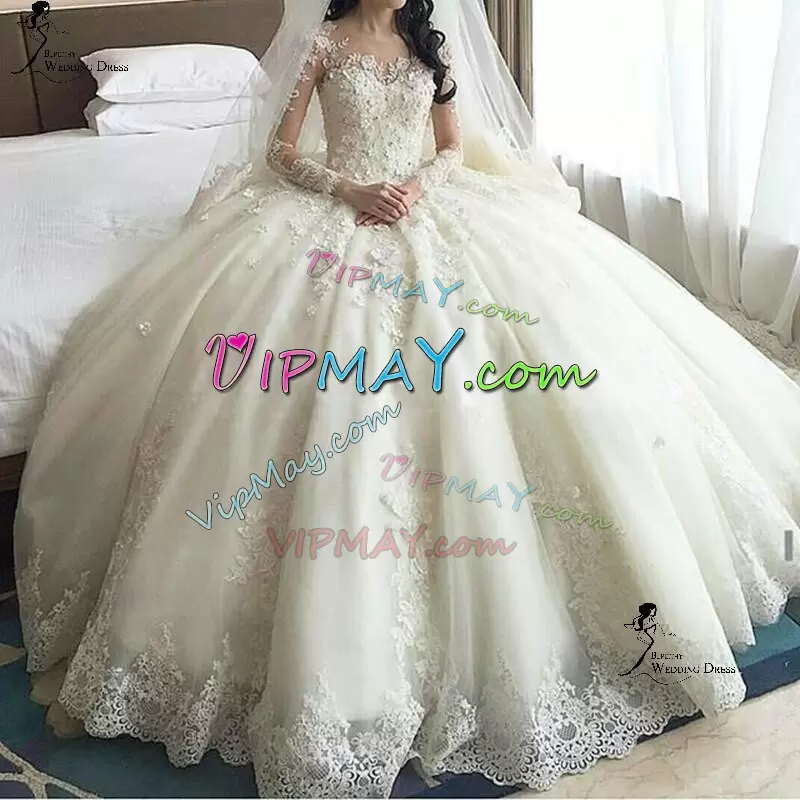 Glamorous Scoop Long Sleeves Chapel Train Clasp Handle Wedding Gown White Tulle Appliques