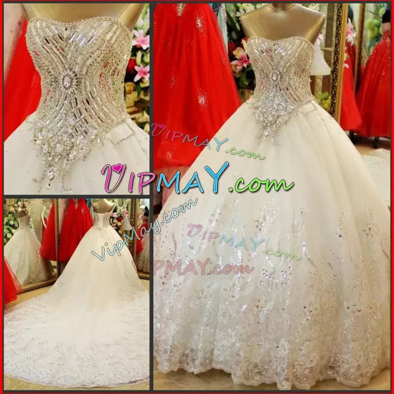 Stylish Beading and Appliques and Sequins Wedding Gown White Lace Up Sleeveless With Train Cathedral Train