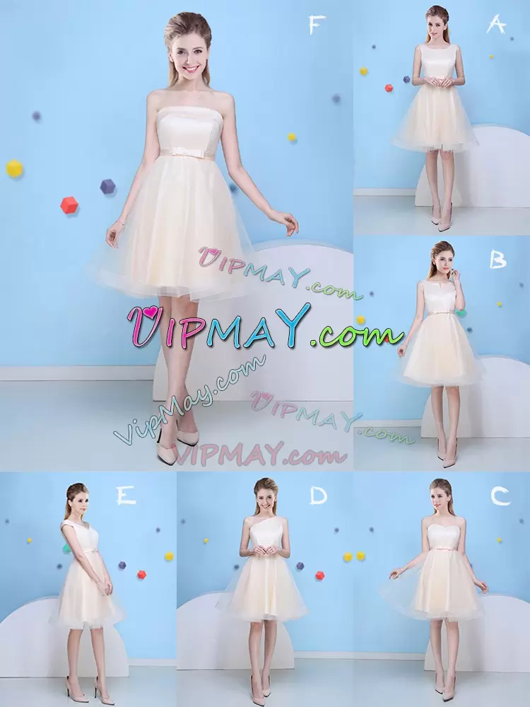 Exceptional Champagne Cap Sleeves Bowknot Knee Length Dama Dress for Quinceanera