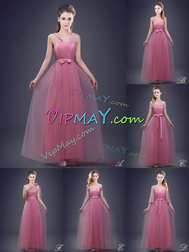 Cheap Floor Length Lace Up Dama Dress for Quinceanera Pink for Prom and Party and Wedding Party with Ruching and Bowknot