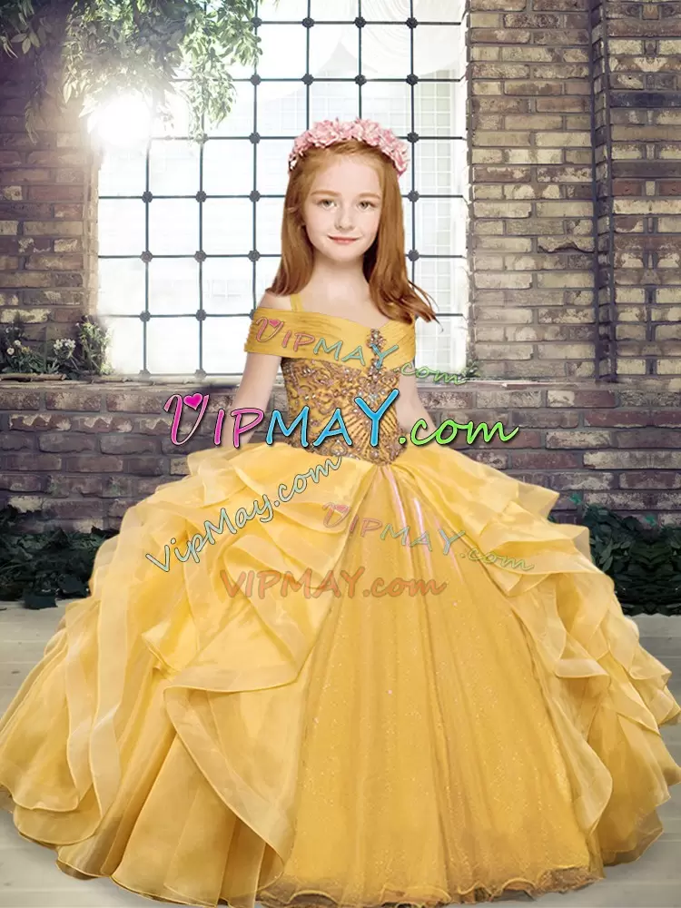 Sleeveless Off The Shoulder Lace Up Floor Length Beading and Ruffles Little Girls Pageant Dress Off The Shoulder