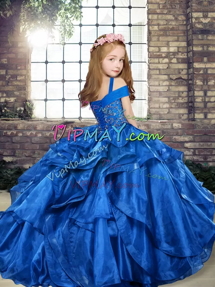 Sleeveless Off The Shoulder Lace Up Floor Length Beading and Ruffles Little Girls Pageant Dress Off The Shoulder