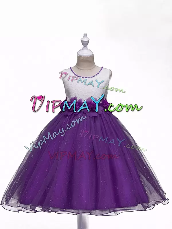Super Organza Sleeveless Knee Length Kids Formal Wear and Lace and Hand Made Flower