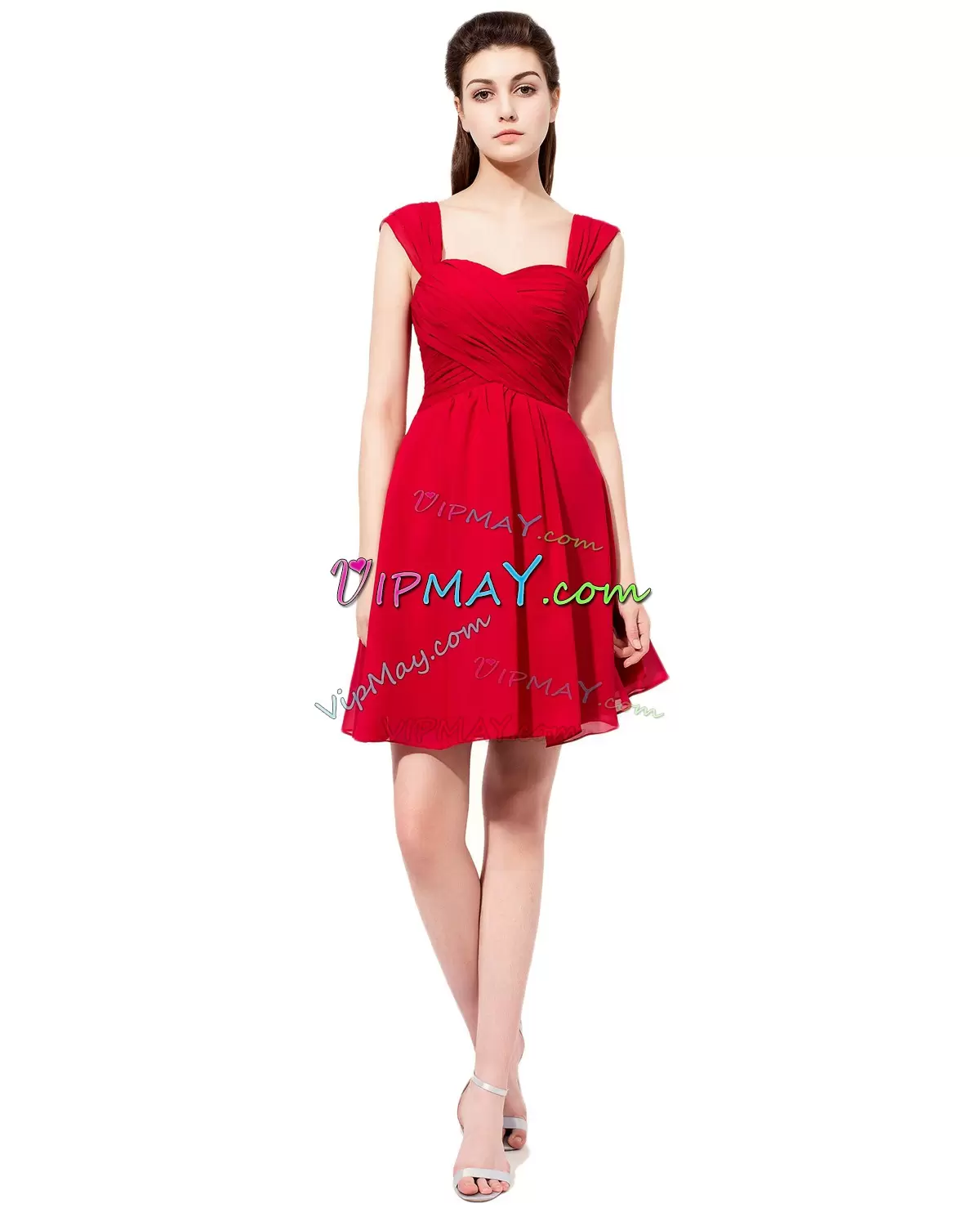 Red Chiffon Lace Up Straps Sleeveless Mini Length Damas Dress Ruching