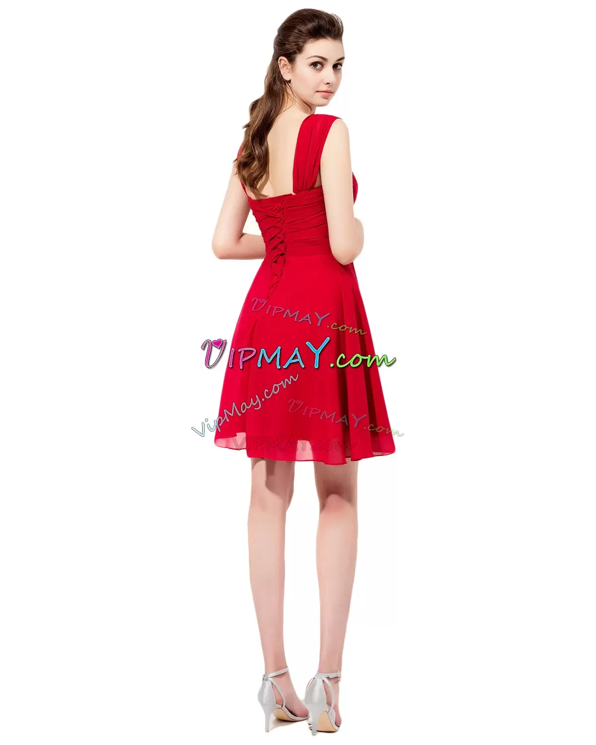 Red Chiffon Lace Up Straps Sleeveless Mini Length Damas Dress Ruching