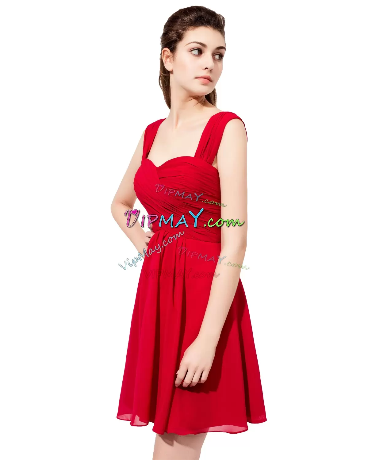 Red Chiffon Lace Up Straps Sleeveless Mini Length Damas Dress Ruching