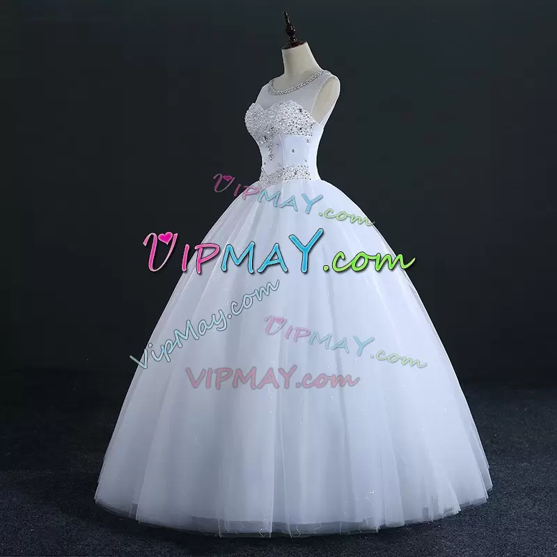 Tulle Sweetheart Sleeveless Lace Up Beading Wedding Dresses in White