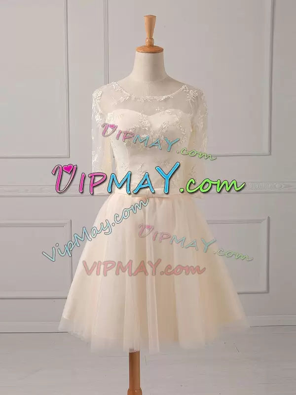 Best Champagne Lace Up Scoop Lace and Belt Wedding Party Dress Tulle Half Sleeves