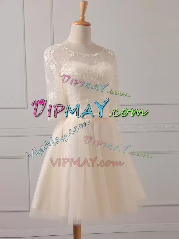 Best Champagne Lace Up Scoop Lace and Belt Wedding Party Dress Tulle Half Sleeves