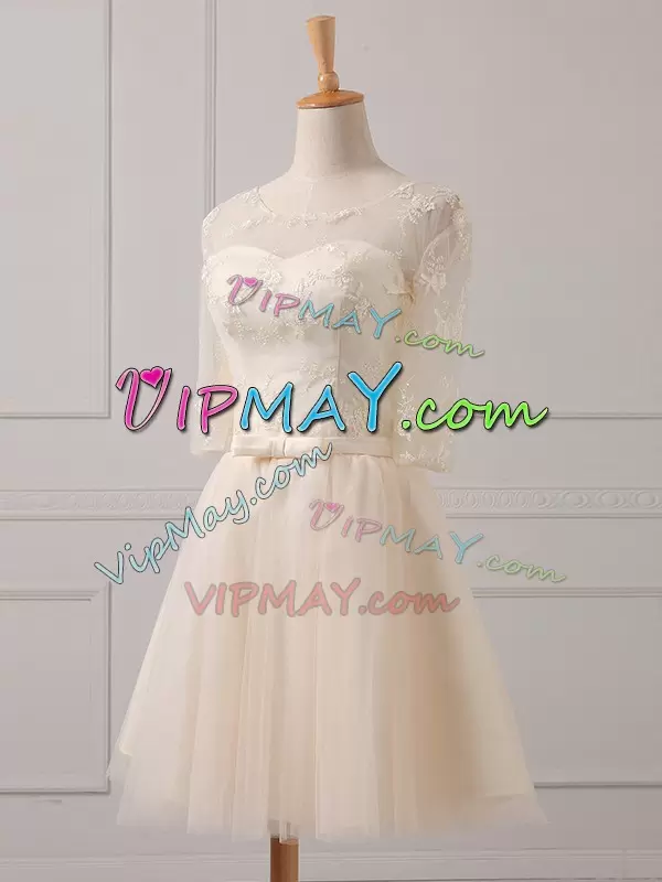 Best Champagne Lace Up Scoop Lace and Belt Wedding Party Dress Tulle Half Sleeves